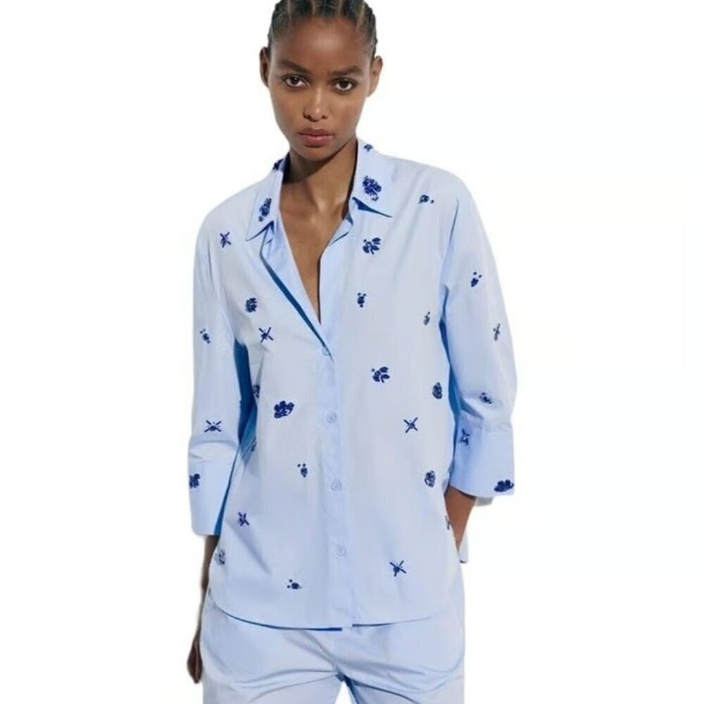 ZARA JEWEL POPLIN SHIRT BLUE SIZE XS 4786/119/400